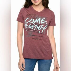 NWT Beatles Juniors/Teens Maroon Graphic Tee Shirt Come Together Song Lyrics - M